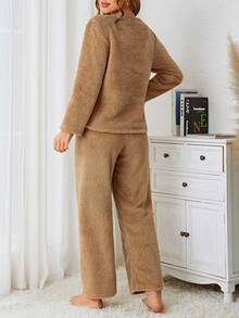 Coffee & Letter Embroidery Flannel PJ Set - Mocha Brown - View 2