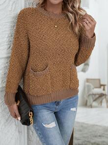 SHEIN LUNE Túi Kép Thả vai Áo len - màu nâu - Xem 4