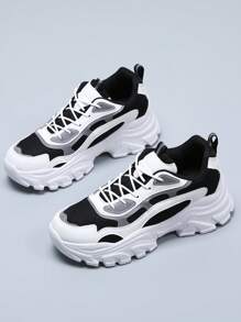 Men Lace Up Color Block Chunky Sneakers, Mesh Sporty Sneakers For Outdoor - Black and White - View 3