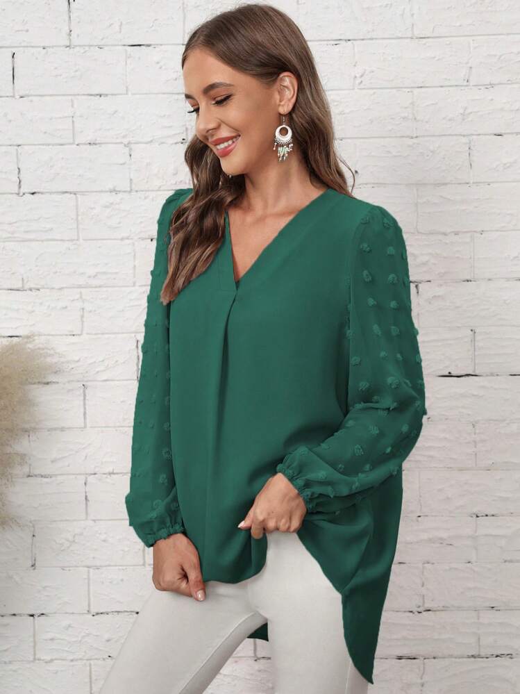 SHEIN LUNE Blusa de lunares de manga farol bajo irregular - Verde Oscuro - Añade 3