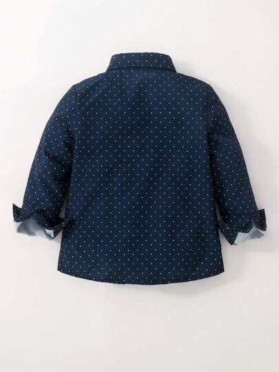 Young Boy Navy Blue Polka Dot Comfortable Casual Long Sleeve Shirt For Spring/Summer, Getaway, Holiday, Travel, Relax, Sunbathing