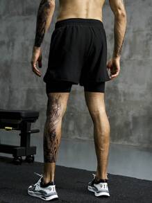 Manfinity Sport Corelite 男士字母图案二合一运动短裤，带手机口袋，黑色运动短裤 - 黑色 - 查看 7