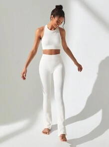 SHEIN Sports Solid Rib Knit Seamless Sports Set - White - View 8