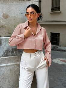 SHEIN PETITE Dual Pocket Cropped Shirt - Pink - View 4