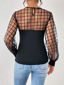SHEIN Privé 網紗拼接拼接燈籠袖上衣 - 黑色 - 查看 2