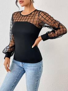 SHEIN Privé 網紗拼接拼接燈籠袖上衣 - 黑色 - 查看 3