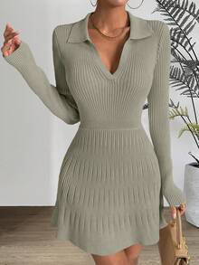 SHEIN Essnce 素色條紋針織毛衣洋裝 - 綠色 - 查看 6
