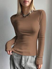 DAZY 纯色圆领保暖长袖女式上衣，带保暖内衬 - 卡其色 - 查看 3