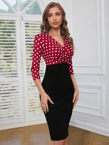 HOMEYEE Polka Dot Print Surplice Neck Bodycon Dress - Red - View 3