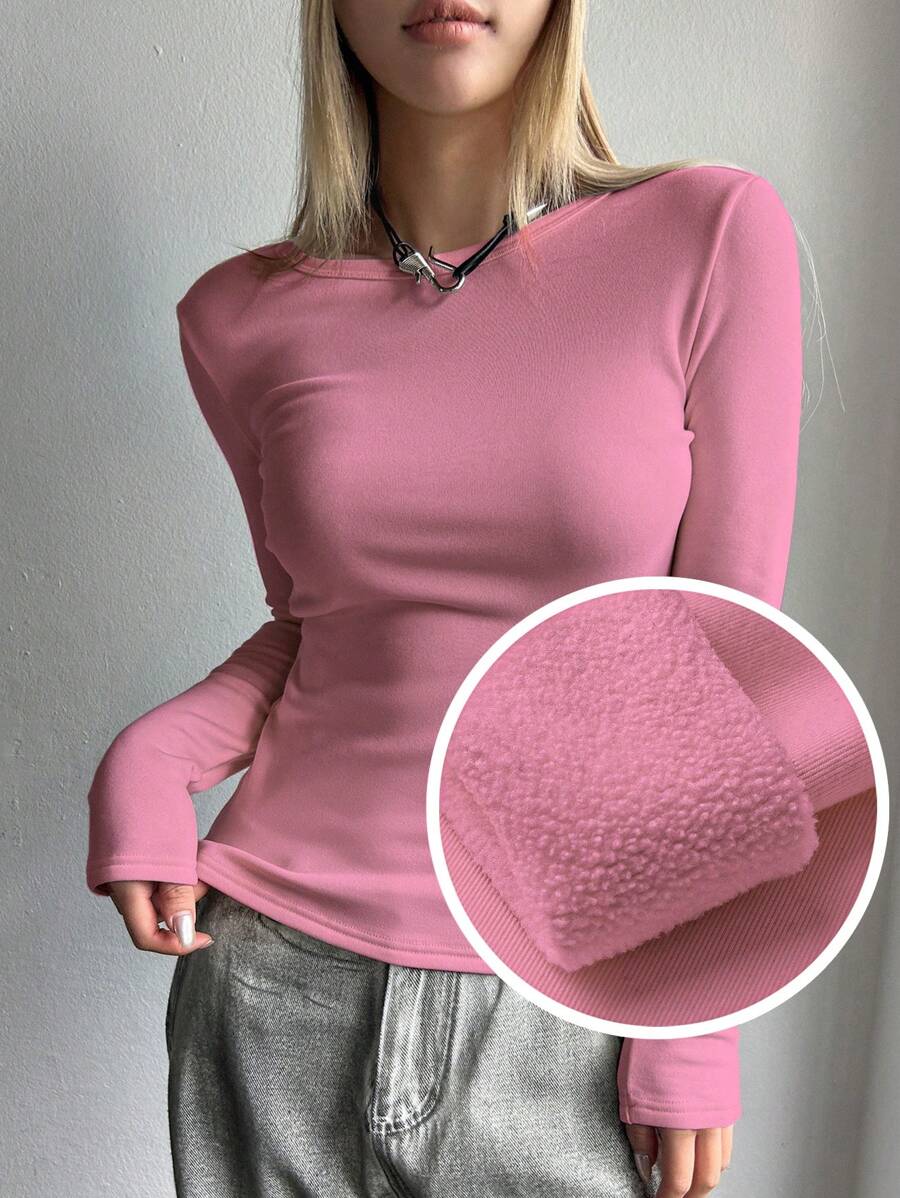 DAZY Solid Boat Neck Thermal Tee Long Sleeve Women Tops,Thermal Lined - Hot Pink - View 1