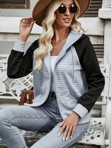 SHEIN Unity Colorblock Raglan Sleeve Zip Up Hooded Jacket - Light Grey - View 6