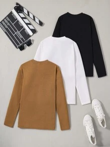 SHEIN 3pcs/Set Casual Knit Crew Neck Long Sleeve T-Shirts, Autumn - Black - View 2