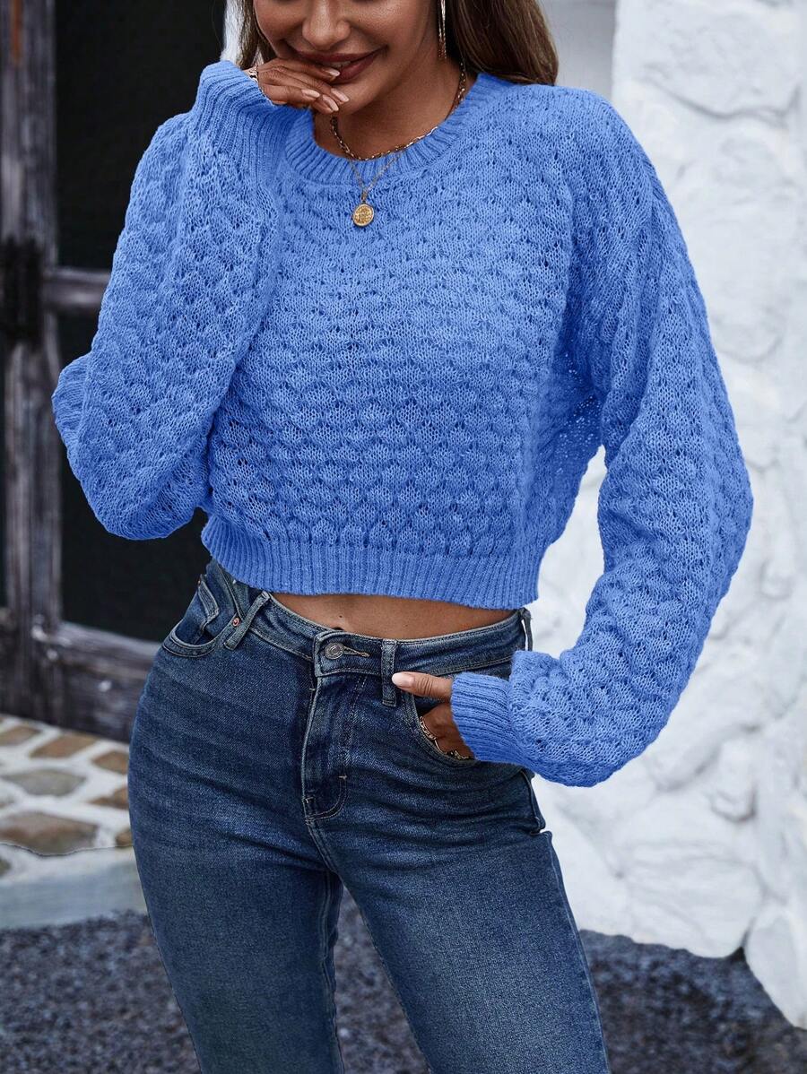 SHEIN LUNE 女士短款圆领落肩针织套头毛衣，秋冬款 - 藍色 - 查看 1