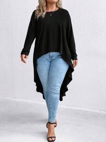 Plus Solid High Low Hem Tee - Black - View 3