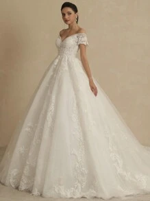 Vestido de novia elegante con cuello bardot, cintura ceñida, vestido de novia con bordados y malla - Beis - Ver 5