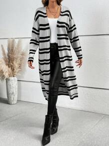 SHEIN Clasi Striped Pattern Drop Shoulder Duster Cardigan - Grey - View 4
