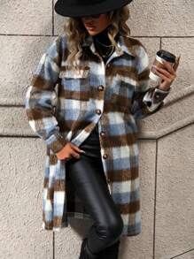 SHEIN LUNE In kẻ sọc Túi có nắp Thả vai Áo khoác - Nhiều màu - Xem 4