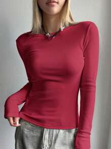 DAZY Solid Round Neck Thermal Tee Long Sleeve Women Tops,Thermal Lined - Redwood - View 3
