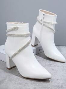 SHUZIA Rhinestone Decor Side Zipper Chunky Heeled Ankle Boots - White - View 1