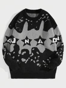 ROMWE MEN Street Life Guys Star & Letter Pattern Sweater - Black - View 1