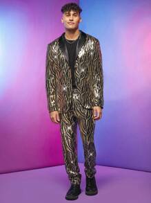 FeverCity Men Zebra Striped Single Breasted Sequin Blazer & Pants Set - Multicolor - View 5