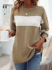 SHEIN LUNE Áo len chui đầu phối màu vai rớt, thích hợp cho mùa thu đông. - Màu Khaki - Xem 5