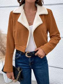 SHEIN LUNE Cổ áo Lót Teddy Áo Jacket Crop - Cà phê nâu - Xem 7