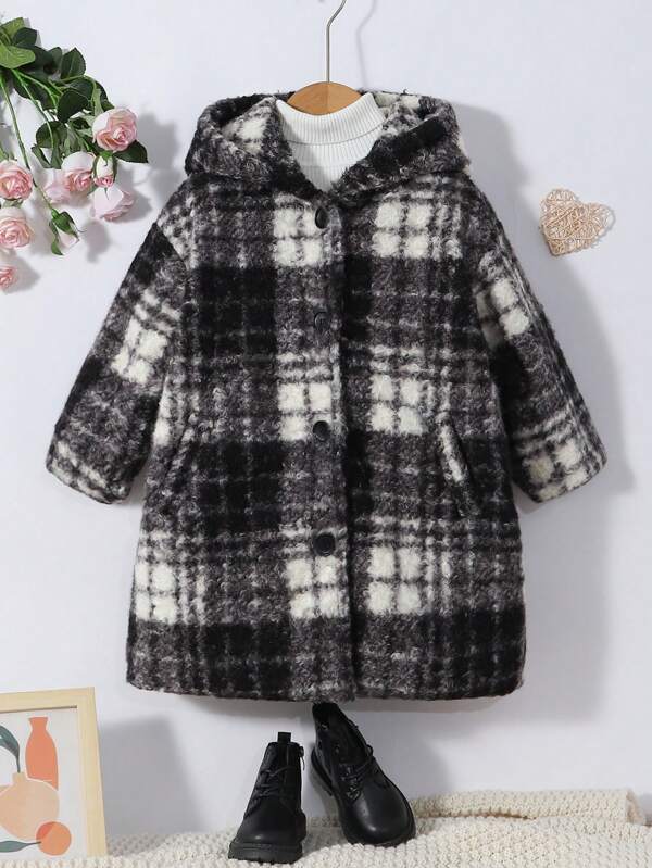 SHEIN Young Girl 1pc Plaid Print Slant Pocket Hooded Overcoat