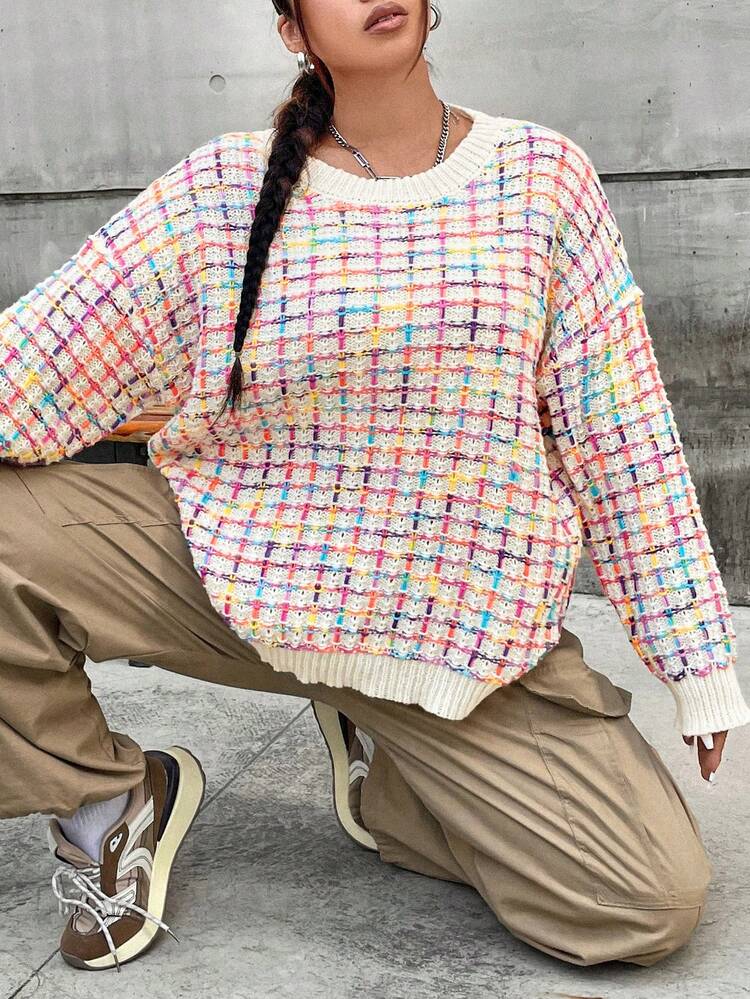 Plus Space Dye Drop Shoulder Sweater Knit Pullover Fall Winter Sweater