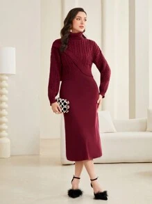 Mulvari 勃艮第红色高领粗针织毛衣和毛衣连衣裙 - 酒紅色 - 查看 1