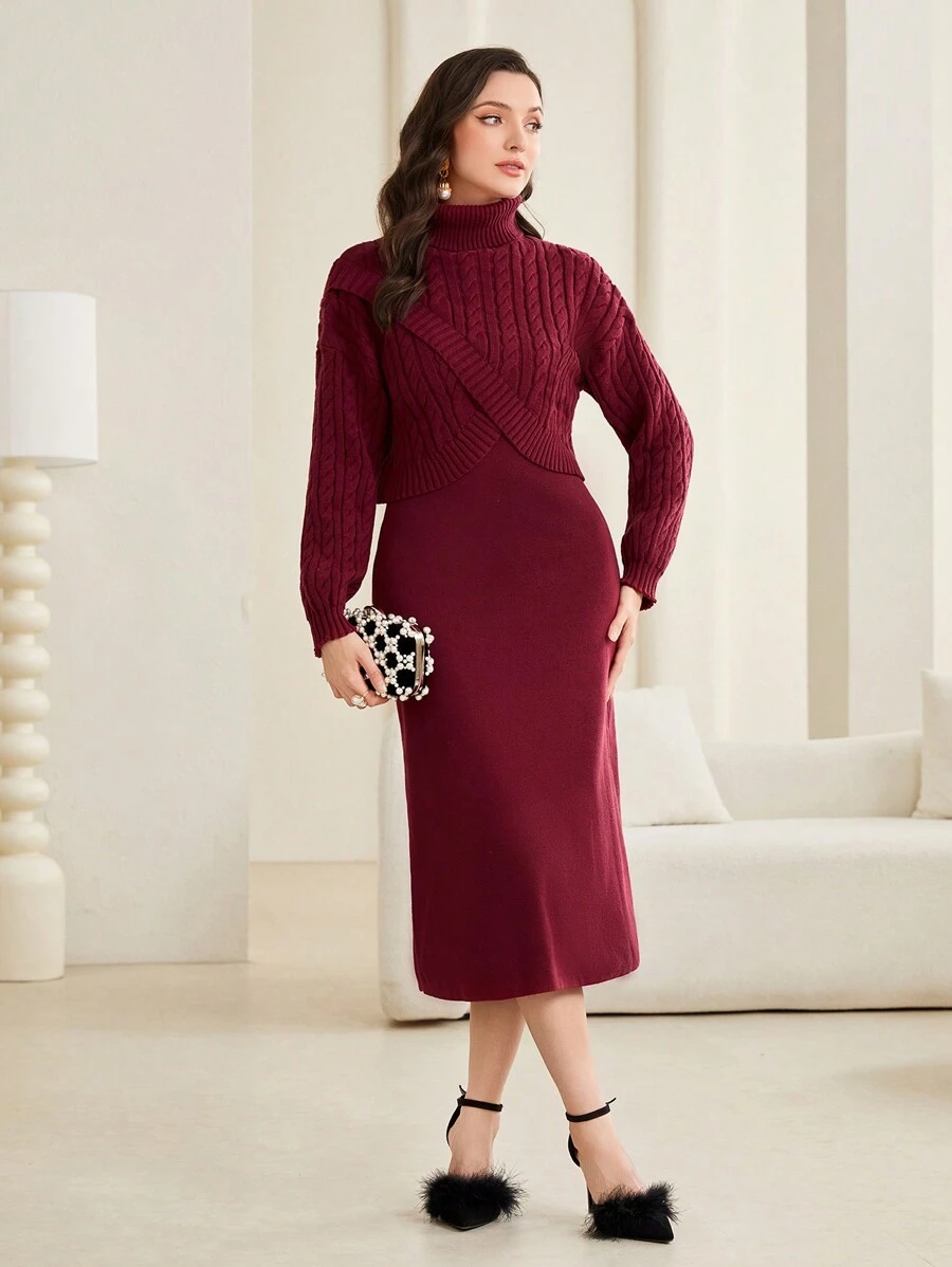 Mulvari 勃艮第红色高领粗针织毛衣和毛衣连衣裙 - 酒紅色 - 查看 1