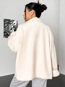 SHEIN Unity Regular Solid Color Wide Pocket Loose Plush Jacket - Beige - View 2