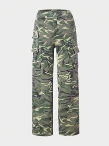Teen Girl Camo Print Flap Pocket Side Cargo Jeans - Army Green - View 1