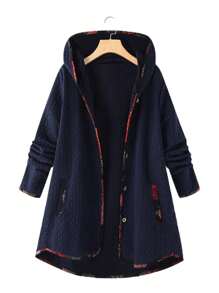 EMERY ROSE Talla grande Abrigo con capucha unido en contraste - Azul Marino - Ver 1