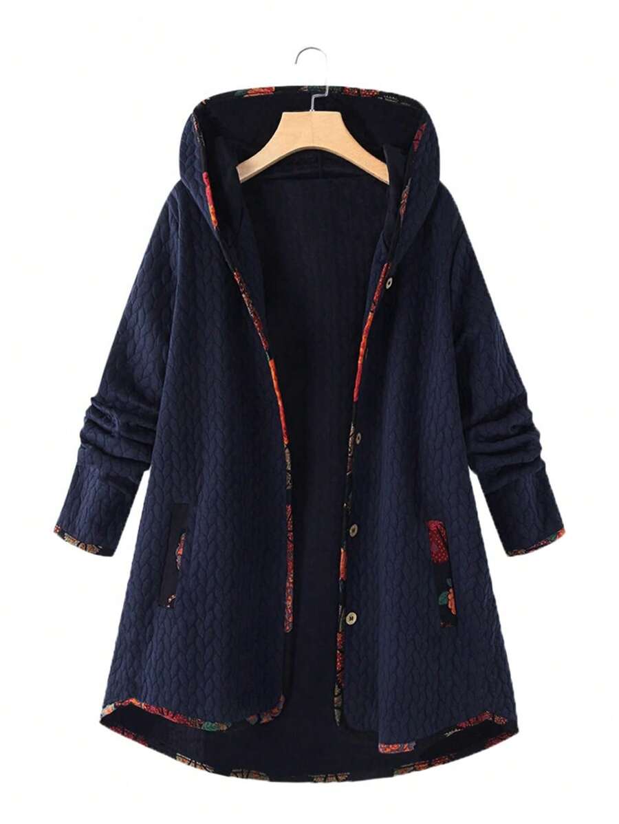 EMERY ROSE Talla grande Abrigo con capucha unido en contraste - Azul Marino - Ver 1