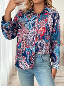 SHEIN Franclia Hơn In hoa Paisley Nút phía trước Áo sơ mi - Màu xanh hải quân - Xem 3