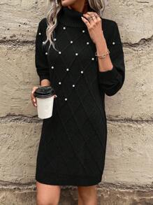 SHEIN Frenchy 女式珍珠釘高領毛衣裙 - 黑色 - 查看 3