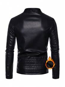 Men Long Sleeve Zip Up PU Leather Thermal Lined Jacket, Grunge, Fall/Winter - Black - View 2