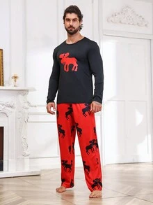 Hombres Conjunto de pijama con estampado de animal - Negro - Ver 6