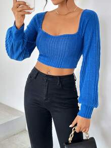 SHEIN Privé 雞心領口燈籠袖短款T恤 - 藍色 - 查看 3