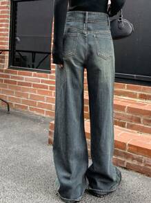 Dazy Star 高腰闊腿牛仔褲 - 中等水洗藍 - 查看 4