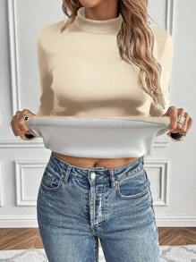 SHEIN LUNE Solid Mock Neck Thermal Lined Tee - Apricot - View 4