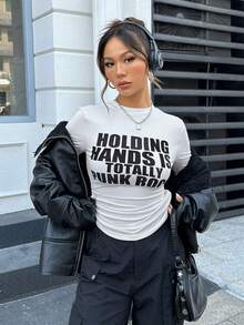 SHEIN Coolane Slogan Graphic Ruched Side Tee - White - View 7