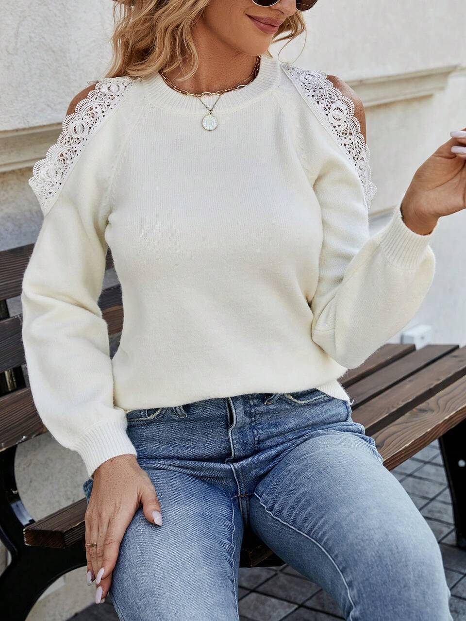 Contrast Lace Cut Out Raglan Sleeve Knit Pullover Fall Winter Sweater