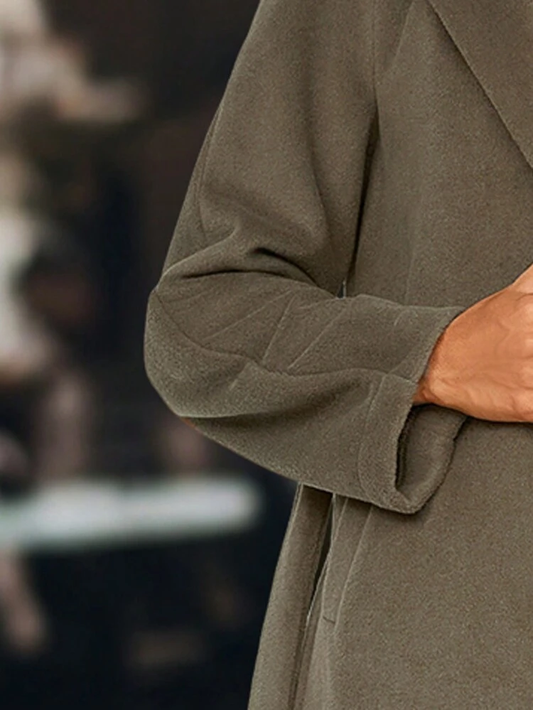 Lapel Neck Single Breasted Belted Overcoat Fall Cloth For Women