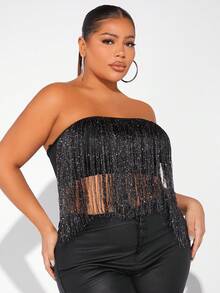 SHEIN BAE Plus Fringe Trim Crop Tube Top - Black - View 4