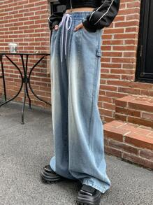 Dazy Star Women's Drawstring Waist Wide Leg Denim Pants - Medium Wash - View 4
