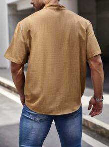 Manfinity Homme Áo Sơ Mi Nam Plus Túi Vá Nửa Nút Tay Ngắn Lên Vải Lanh Trơn Kỳ Nghỉ Sơ Mi Sơ Mi - màu nâu - Xem 2