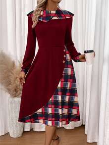 SHEIN Lady Plaid Print Button Detail Dress - Burgundy - View 3