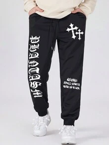 ROMWE MEN Goth 男士交叉&字母圖案腰部抽繩衛褲 - 黑色 - 查看 3